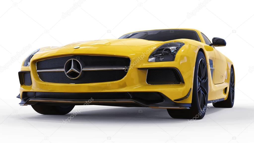 Mercedes-Benz SLS yellow. Three-dimensional raster illustration. Isolated car on white background. 3d rendering
