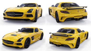Mercedes-Benz Sls sarı ayarlayın. Üç boyutlu raster resim. İzole araba beyaz arka plan üzerinde. 3D render.