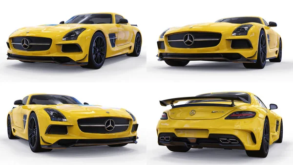 Mercedes-Benz Sls sárga beállítása Háromdimenziós raszteres illusztráció. Elszigetelt autó-a fehér háttér előtt. 3D-leképezés. — Stock Fotó