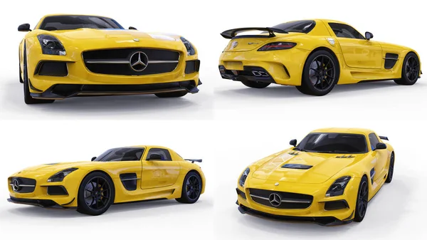 Mercedes-Benz Sls sarı ayarlayın. Üç boyutlu raster resim. İzole araba beyaz arka plan üzerinde. 3D render. — Stok fotoğraf