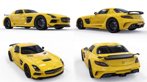 Set mercedes-benz sls gelb. dreidimensionale Rasterdarstellung. isoliertes Auto auf weißem Hintergrund. 3D-Darstellung. — Stockfoto
