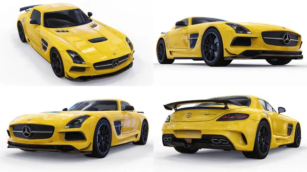 Set mercedes-benz sls gelb. dreidimensionale Rasterdarstellung. isoliertes Auto auf weißem Hintergrund. 3D-Darstellung. — Stockfoto