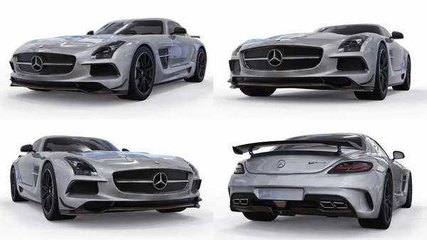 Set mercedes-benz sls farben grau-metallic. dreidimensionale Rasterdarstellung. isoliertes Auto auf weißem Hintergrund. 3D-Darstellung. — Stockfoto