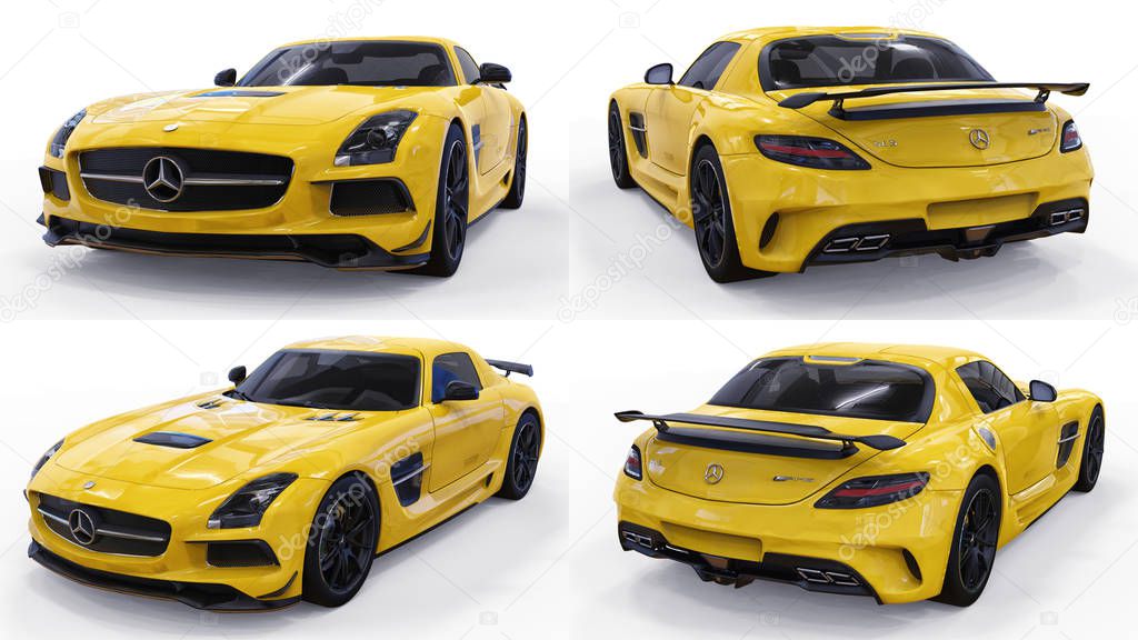 Set Mercedes-Benz SLS yellow. Three-dimensional raster illustration. Isolated car on white background. 3d rendering