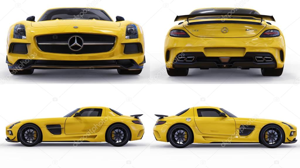 Set Mercedes-Benz SLS yellow. Three-dimensional raster illustration. Isolated car on white background. 3d rendering