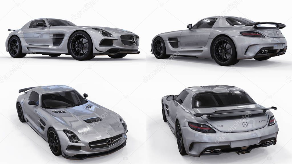 Set Mercedes-Benz SLS colors gray metallic. Three-dimensional raster illustration. Isolated car on white background. 3d rendering