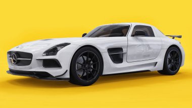 Mercedes-Benz Sls beyaz renk. Üç boyutlu raster resim. İzole araba sarı zemin üzerine. 3D render.