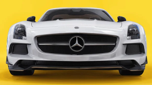梅赛德斯-奔驰补充白颜色。三维光栅图。在黄色背景下的隔离车。3d 渲染. — 图库照片