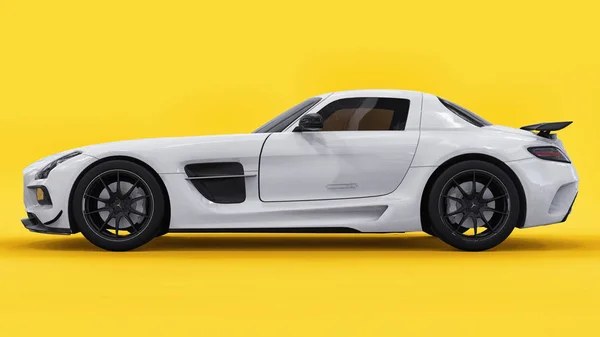 Mercedes-Benz SLS white color. Three-dimensional raster illustration. Isolated car on yellow background. 3d rendering. — Stock Photo, Image