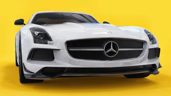 Mercedes-Benz SLS color blanco. Ilustración de trama tridimensional. Coche aislado sobre fondo amarillo. renderizado 3d . — Foto de Stock