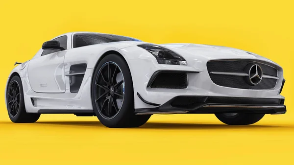 Mercedes-Benz SLS color blanco. Ilustración de trama tridimensional. Coche aislado sobre fondo amarillo. renderizado 3d . — Foto de Stock