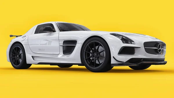 Mercedes-Benz Sls fehér színű. Háromdimenziós raszteres illusztráció. Elszigetelt autó sárga háttéren. 3D-leképezés. — Stock Fotó