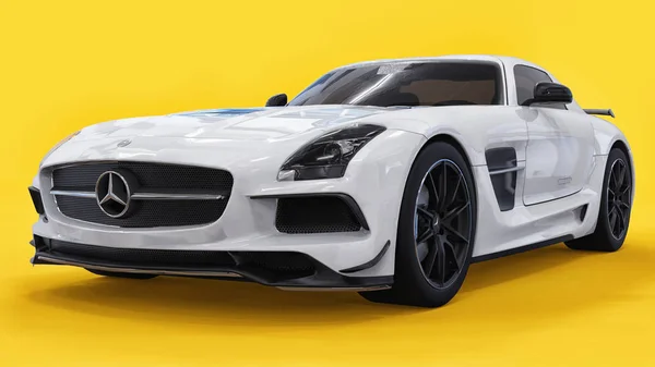 Mercedes-Benz SLS couleur blanche. Illustration matricielle en trois dimensions. Voiture isolée sur fond jaune. Rendu 3d . — Photo