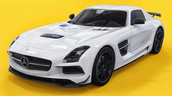 Mercedes-Benz Sls vit färg. Tredimensionella raster illustration. Isolerade bil på gul bakgrund. 3D-rendering. — Stockfoto