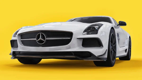 Mercedes-Benz Sls fehér színű. Háromdimenziós raszteres illusztráció. Elszigetelt autó sárga háttéren. 3D-leképezés. — Stock Fotó