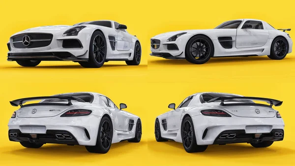 Set mercedes-benz sls weiße farbe. dreidimensionale Rasterdarstellung. isoliertes Auto auf gelbem Hintergrund. 3D-Darstellung. — Stockfoto