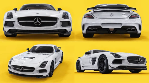 Set mercedes-benz sls weiße farbe. dreidimensionale Rasterdarstellung. isoliertes Auto auf gelbem Hintergrund. 3D-Darstellung. — Stockfoto