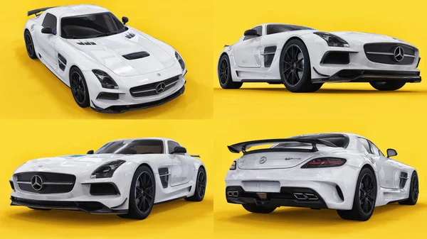 Set Mercedes-Benz SLS colore bianco. Illustrazione raster tridimensionale. Auto isolata su sfondo giallo. rendering 3d . — Foto Stock