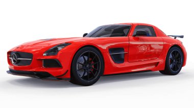 Mercedes-Benz Sls kırmızı. Üç boyutlu raster resim. İzole araba beyaz arka plan üzerinde. 3D render.