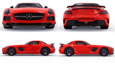 Mercedes-Benz Sls kırmızı ayarlayın. Üç boyutlu raster resim. İzole araba beyaz arka plan üzerinde. 3D render.