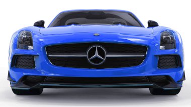 Mercedes-Benz Sls mavi. Üç boyutlu raster resim. İzole araba beyaz arka plan üzerinde. 3D render.