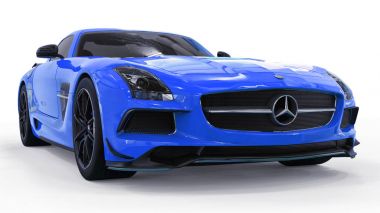 Mercedes-Benz Sls mavi. Üç boyutlu raster resim. İzole araba beyaz arka plan üzerinde. 3D render.