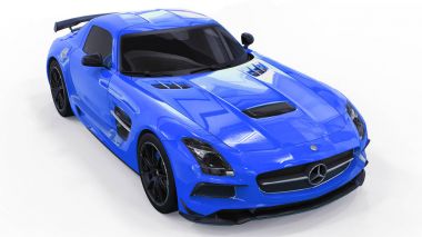 Mercedes-Benz Sls mavi. Üç boyutlu raster resim. İzole araba beyaz arka plan üzerinde. 3D render.