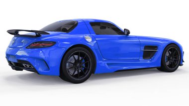 Mercedes-Benz Sls mavi. Üç boyutlu raster resim. İzole araba beyaz arka plan üzerinde. 3D render.
