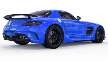 Mercedes-Benz Sls mavi. Üç boyutlu raster resim. İzole araba beyaz arka plan üzerinde. 3D render.