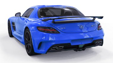 Mercedes-Benz Sls mavi. Üç boyutlu raster resim. İzole araba beyaz arka plan üzerinde. 3D render.