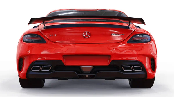 Mercedes-Benz Sls rood. Driedimensionale raster illustratie. Geïsoleerde auto op witte achtergrond. 3D-rendering. — Stockfoto