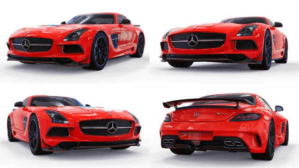 Set mercedes-benz sls rot. dreidimensionale Rasterdarstellung. isoliertes Auto auf weißem Hintergrund. 3D-Darstellung. — Stockfoto