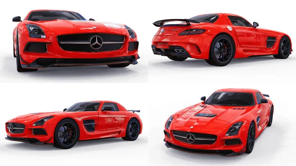 Mercedes-Benz Sls kırmızı ayarlayın. Üç boyutlu raster resim. İzole araba beyaz arka plan üzerinde. 3D render. — Stok fotoğraf