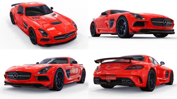 Set mercedes-benz sls rot. dreidimensionale Rasterdarstellung. isoliertes Auto auf weißem Hintergrund. 3D-Darstellung. — Stockfoto