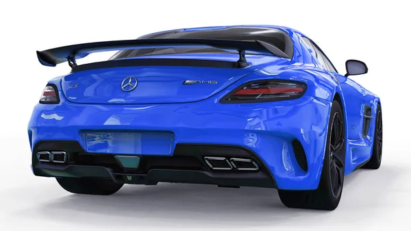 Mercedes-Benz Sls niebieski. Raster trójwymiarowych ilustracji. Na białym tle samochodu na białym tle. renderowania 3D. — Zdjęcie stockowe