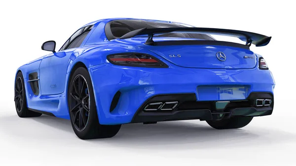 Mercedes-Benz SLS blu. Illustrazione raster tridimensionale. Auto isolata su sfondo bianco. rendering 3d . — Foto Stock