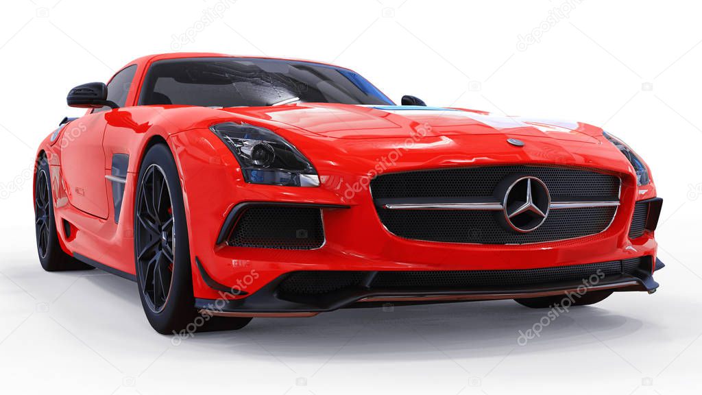 Mercedes-Benz SLS red. Three-dimensional raster illustration. Isolated car on white background. 3d rendering
