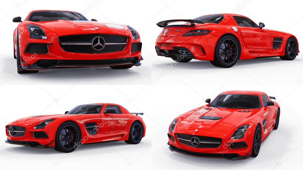 Set Mercedes-Benz SLS red. Three-dimensional raster illustration. Isolated car on white background. 3d rendering