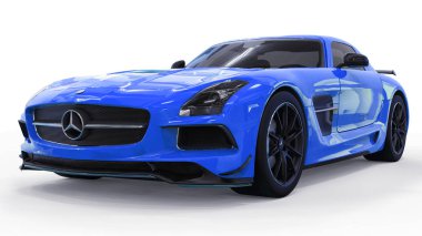 Mercedes-Benz Sls mavi. Üç boyutlu raster resim. İzole araba beyaz arka plan üzerinde. 3D render.