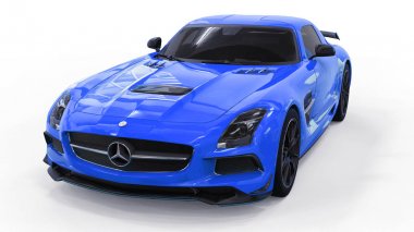 Mercedes-Benz Sls mavi. Üç boyutlu raster resim. İzole araba beyaz arka plan üzerinde. 3D render.