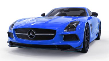 Mercedes-Benz Sls mavi. Üç boyutlu raster resim. İzole araba beyaz arka plan üzerinde. 3D render.