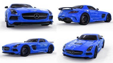 Mercedes-Benz Sls mavi ayarlayın. Üç boyutlu raster resim. İzole araba beyaz arka plan üzerinde. 3D render.