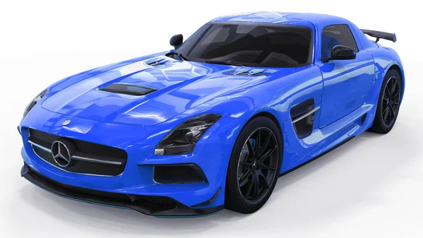 Mercedes-Benz Sls mavi. Üç boyutlu raster resim. İzole araba beyaz arka plan üzerinde. 3D render.