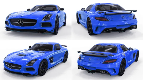 Встановити Mercedes-Benz Sls синій. Тривимірна растрових ілюстрації. Ізольована автомобіля на білому тлі. 3D-рендерінг. — стокове фото