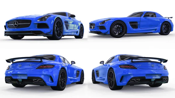 Set Mercedes-Benz SLS blu. Illustrazione raster tridimensionale. Auto isolata su sfondo bianco. rendering 3d . — Foto Stock