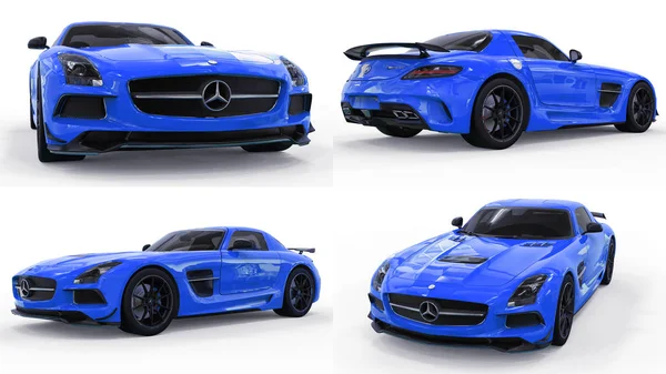 Set Mercedes-Benz SLS blu. Illustrazione raster tridimensionale. Auto isolata su sfondo bianco. rendering 3d . — Foto Stock