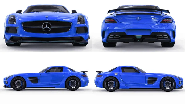 Set mercedes-benz sls blau. dreidimensionale Rasterdarstellung. isoliertes Auto auf weißem Hintergrund. 3D-Darstellung. — Stockfoto