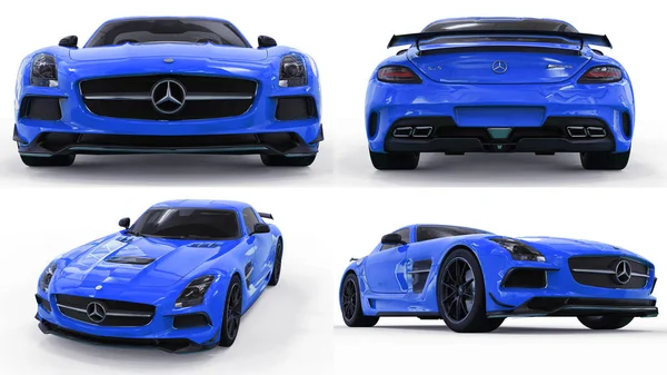 Set Mercedes-Benz SLS blu. Illustrazione raster tridimensionale. Auto isolata su sfondo bianco. rendering 3d . — Foto Stock