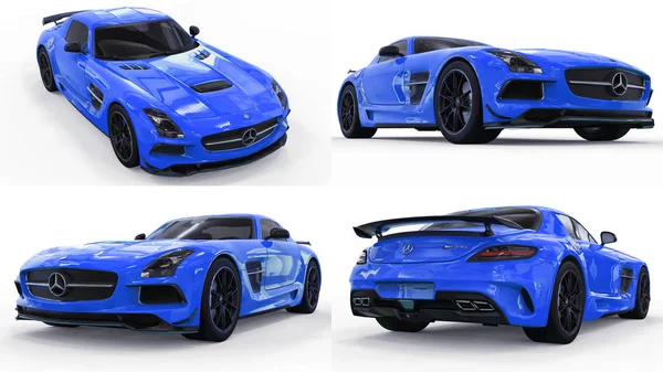 Set Mercedes-Benz SLS blu. Illustrazione raster tridimensionale. Auto isolata su sfondo bianco. rendering 3d . — Foto Stock