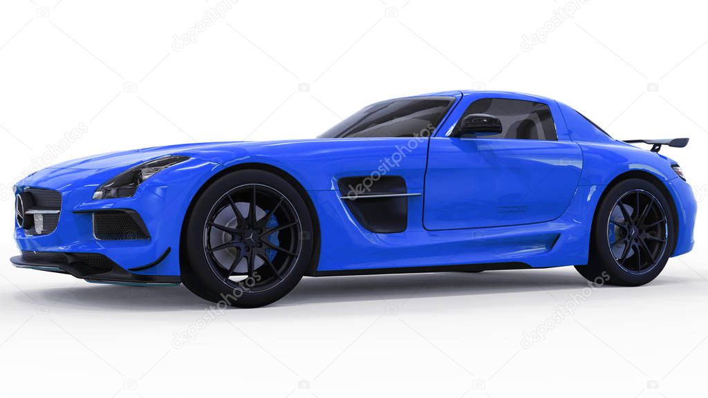 Mercedes-Benz SLS blue. Three-dimensional raster illustration. Isolated car on white background. 3d rendering